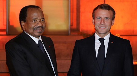 Paul Biya et Emmanuel Macron le 9 octobre 2019 à Lyon (image d'illustration).© Ludovic Marin Source: AFP