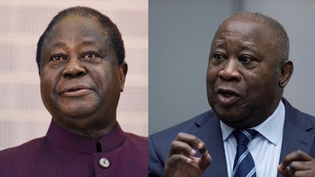 Photomontage représentant les deux anciens présidents ivoiriens Henri Konan Bedié (G) et Laurent Gbagbo ( D). © SIA KAMBOU / AFP/ Peter Dejong/REUTERS