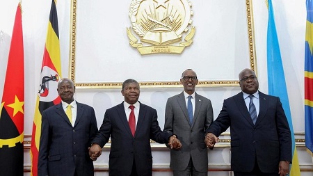 Le président ougandais, Yoweri Museveni, l'Angolais, João Lourenço,le chef de l'Etat rwandais, Paul Kagame et le président de la RDC Félix Tshisekedi lors d'une précédente rencontre 2 février 2020. AMPE ROGÉRIO / LUSA