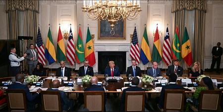 Le 9 juillet 2025, Donald Trump s’entretient avec les présidents du Sénégal, du Libéria, de la Guinée-Bissau, de la Mauritanie et du Gabon. Jim Watson/AFP