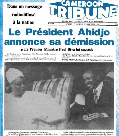 La UNE du quotidien Cameroon-Tribune du 4 novembre 1982 