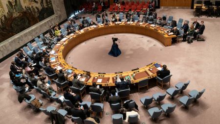 Le Conseil de sécurité de l'ONU lors d'une discussion sur la sécurité et la coopération en Europe, le 14 mars 2022 à New-York (États-Unis). © Lev Radin/Pacific Press/LightRocket via Getty Images