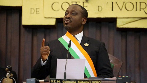 Guillaume Soro lors de l'annonce de sa démission du perchoir de l'Assemblée nationale ivoirienne, le 8 février 2019. © REUTERS/Thierry Gouegnon