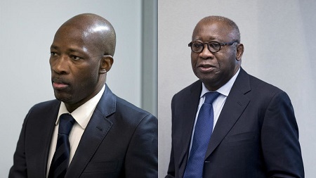 L'ancien ministre de la Jeunesse, Charles Blé Goudé (g) et l'ancien président ivoirien Laurent Gbagbo (d), à l'approche de la cour de la CPI, à La Haye. Peter Dejong / POOL / AFP/ Montage RFI