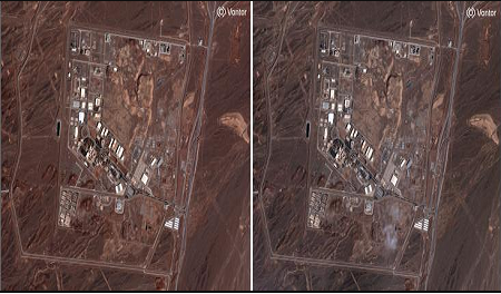  Cette image satellite montre une vue de l'installation nucl&eacute;aire de Natanz avant (&agrave; gauche) et apr&egrave;s les d&eacute;g&acirc;ts, le lundi 2 mars 2026, en Iran. Image satellite 2026 Vantor via AP