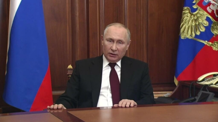 Le président russe Vladimir Poutine, lors de son allocution télévisée, le 21 février 2022. © Kremlin