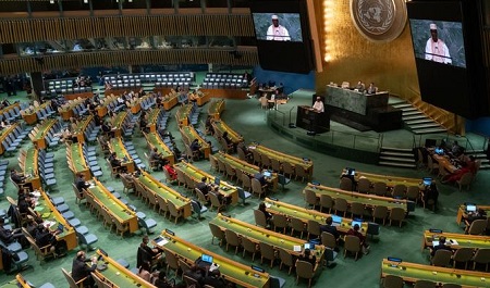 Le Premier ministre par intérim du Mali, Abdoulaye Maiga, s'adresse à la 77e session de l'Assemblée générale des Nations Unies au siège de l'ONU à New York, le 24 septembre 2022. (AFP).