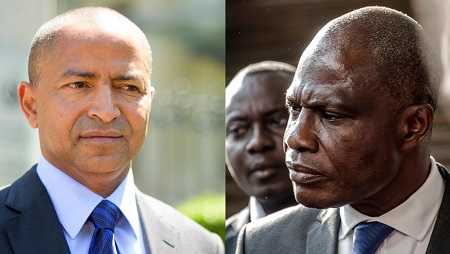L'ancien gouverneur du Katanga Moïse Katumbi (gauche) et l'opposant Martin Fayulu, ex-candidat de l'opposition à l'élection présidentielle de 2018 en RDC. © AFP/Fabrice Coffrini/Luis Tato