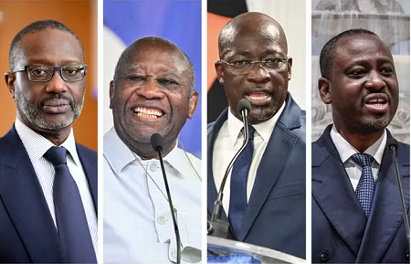 De gauche à droite : Tidjane Thiam, Laurent Gbagbo, Charles Blé Goudé et Guillaume Soro. Montage-photo