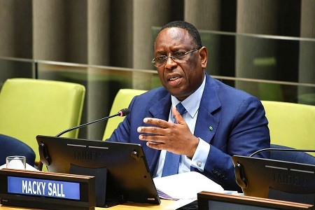 L'ancien pr&eacute;sident s&eacute;n&eacute;galais Macky Sall devant l'Assembl&eacute;e g&eacute;n&eacute;rale de l'ONU pour pr&eacute;senter sa candidature au poste de secr&eacute;taire g&eacute;n&eacute;ral, &agrave; New York, le 22 avril 2026. &copy; CHARLY TRIBALLEAU / AFP