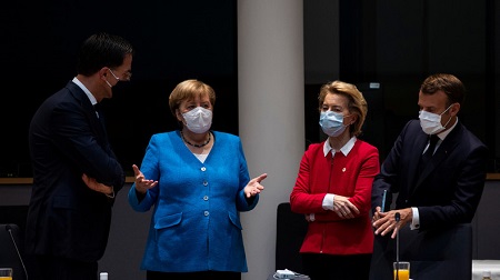 Macron, Merkel et von der Leyen au sommet européen du 18 juillet 2020 (image d'illustration). © POOL Source: Reuters