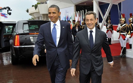 Barack Obama et Nicolas Sarkozy au G20 à Cannes en 2011. AFP/Philippe Wojazer.