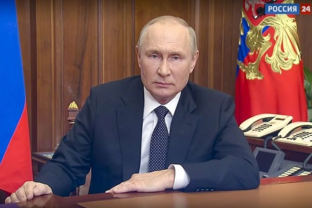 Le président russe Vladimir Poutine s'adresse à la Nation à Moscou, en Russie, le 21 septembre 2022. © AP